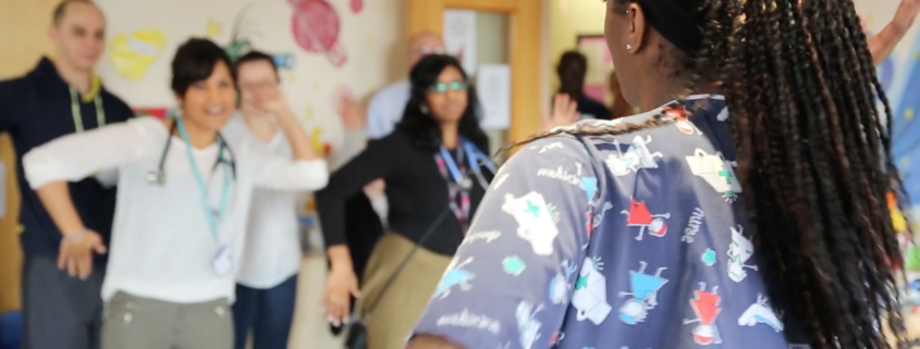 Hospital staff and patients enjoying a Barnet Bopping session led by nurse Karelle Evans